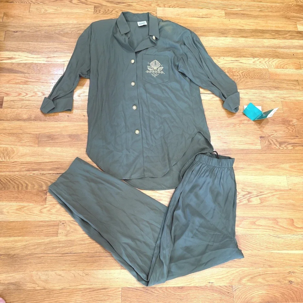 Vintage R&M Richards Olive Green Rayon Pant Suit Set Shell Gold Sz 10